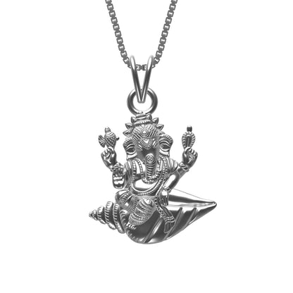 Silver Deva Shree Ganesha Sitting On Shankh Pendant