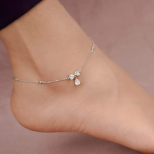 Silver Heart Teardrop Bow Anklet