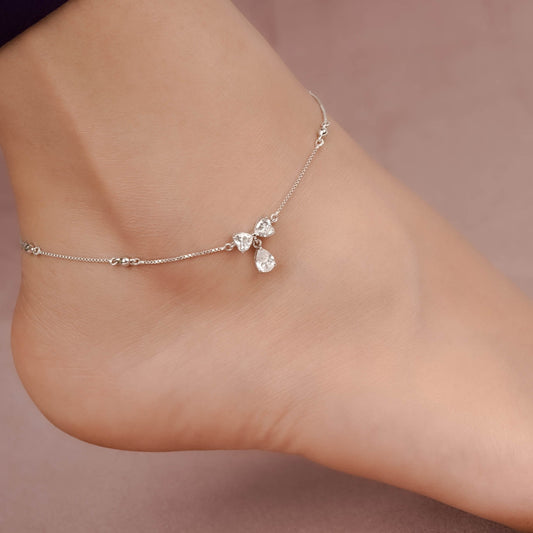 Silver Heart Teardrop Bow Anklet