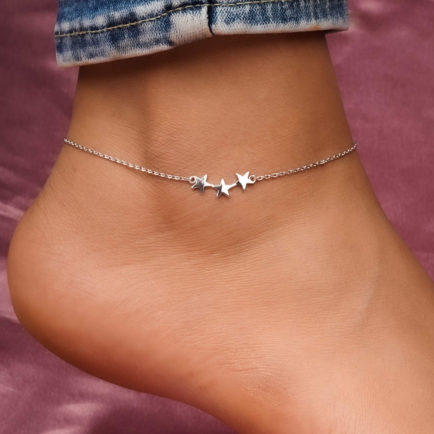 Silver Delicate Stars Anklet For Girls