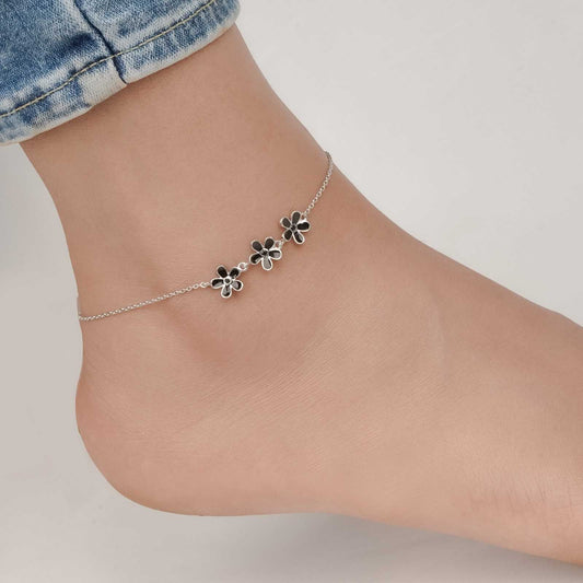 Silver Floral Black Enamel Anklet