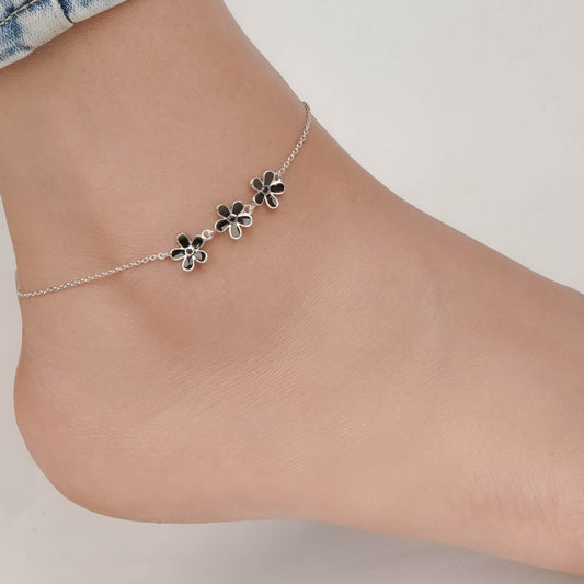 Silver Floral Black Enamel Anklet