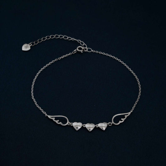 Silver Triplet Heart & Wings Anklet