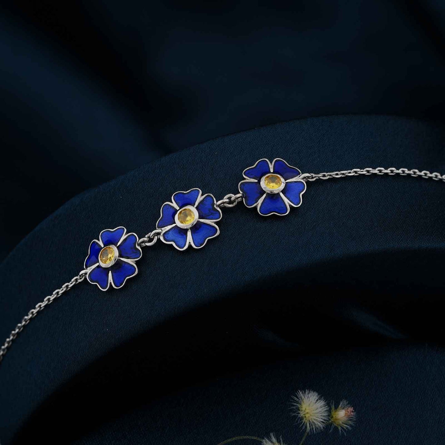 Silver Blue Enamel Floral Anklet