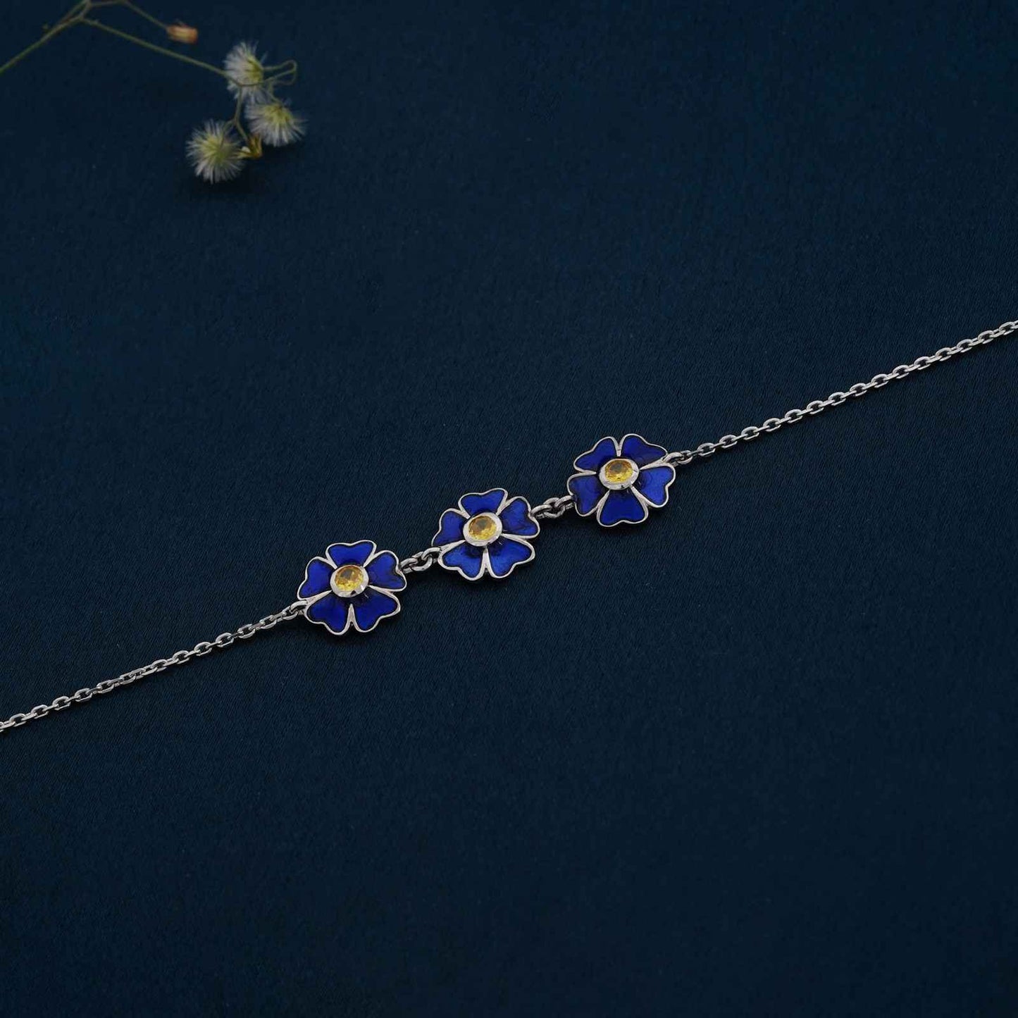 Silver Blue Enamel Floral Anklet