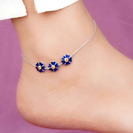 Silver Blue Enamel Floral Anklet