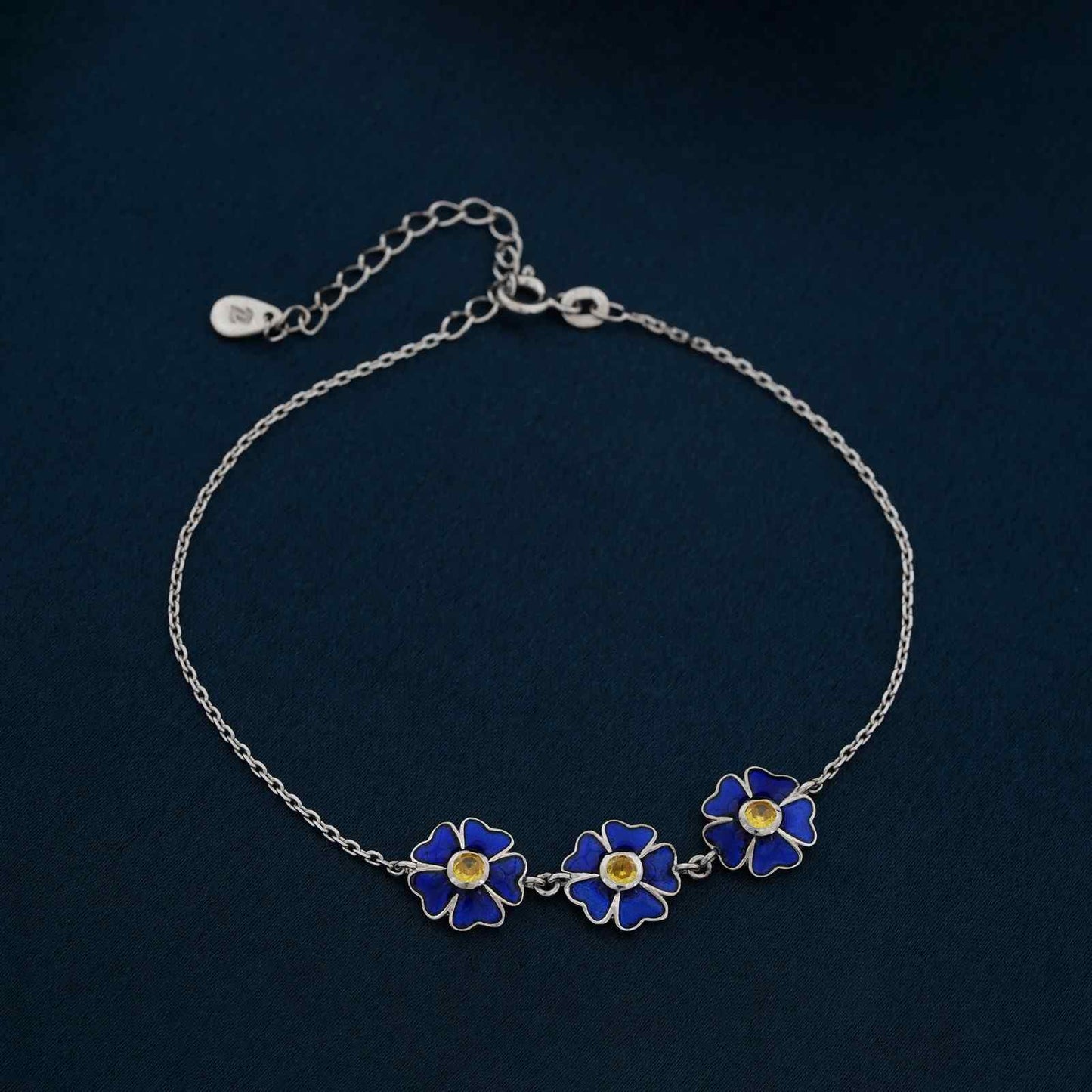 Silver Blue Enamel Floral Anklet