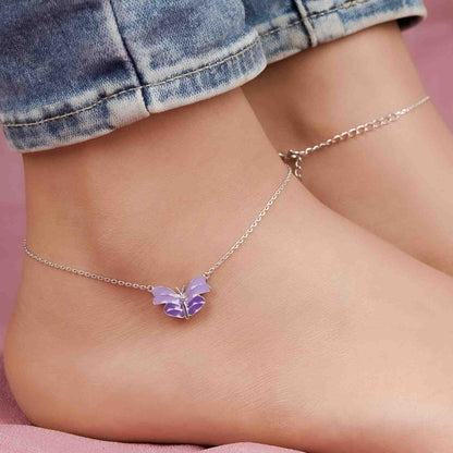 Silver Purple Enamel Butterfly Anklet