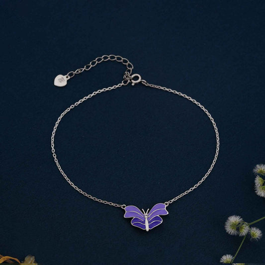 Silver Purple Enamel Butterfly Anklet