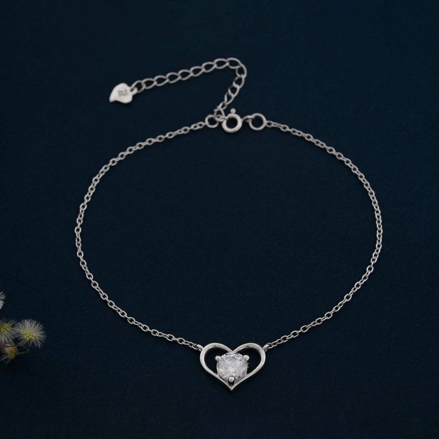 Silver Solitaire Heart Anklet