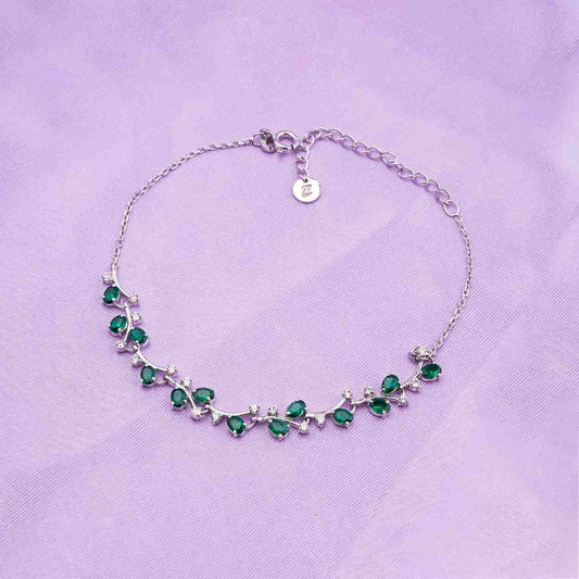 Silver Green Emerald Floral Theme Bracelet