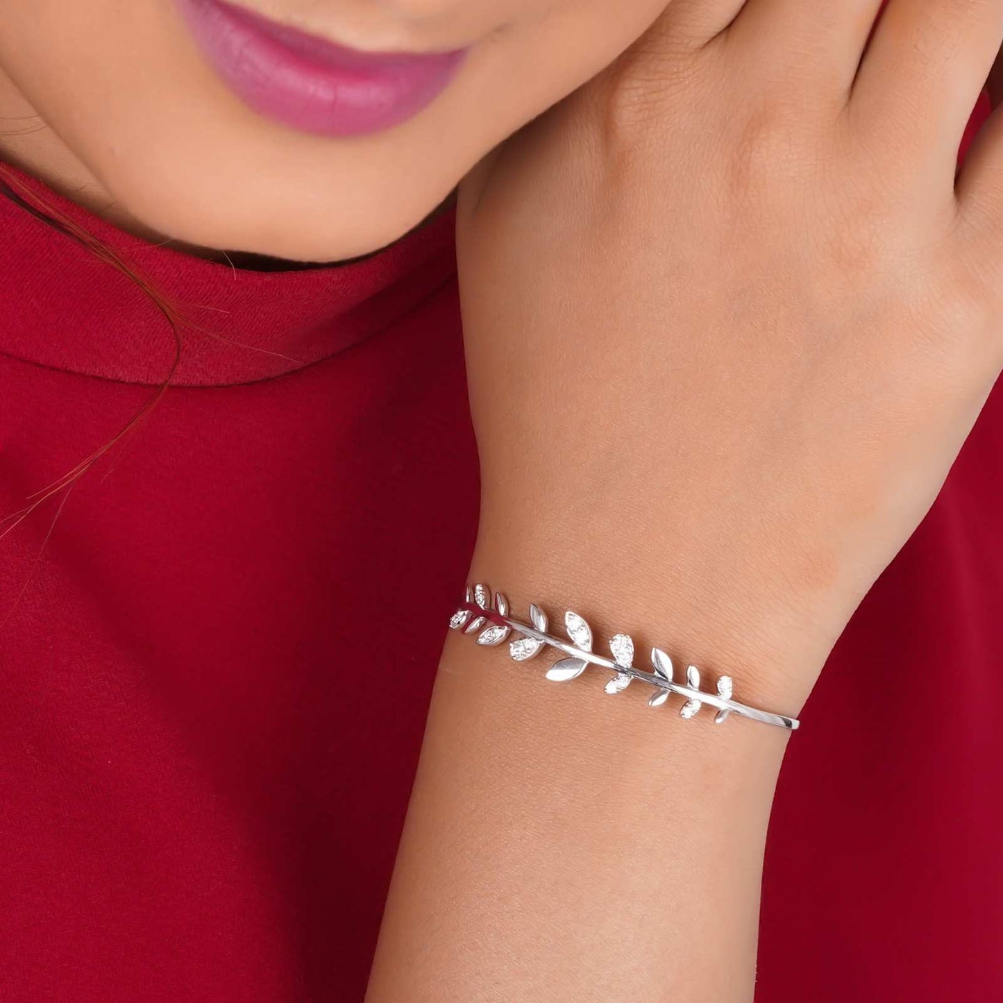 Silver Leafy Cuff Bangle Bracelet