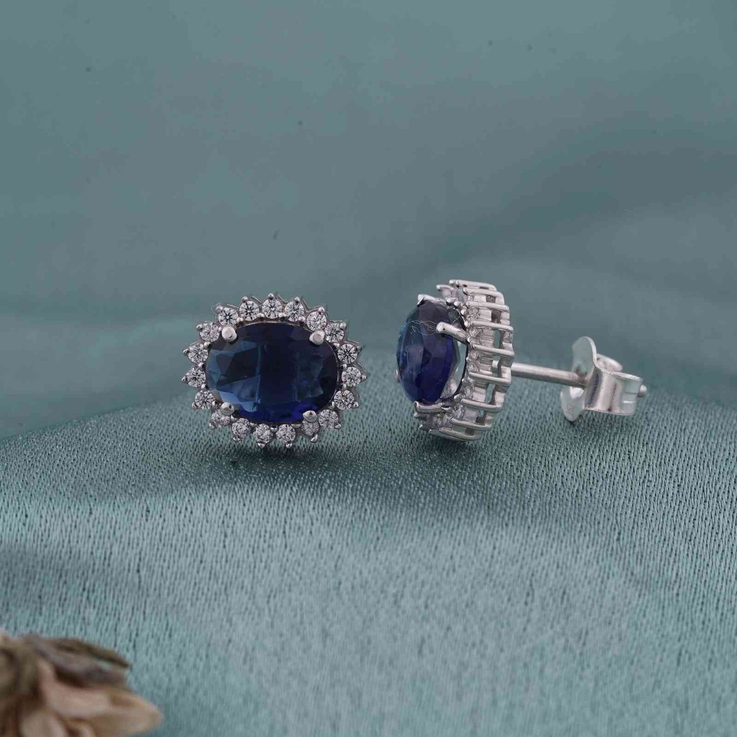 Silver Royal Blue Halo Studs For Girls