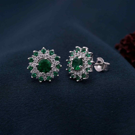 Silver Cluster Green Circle Studs