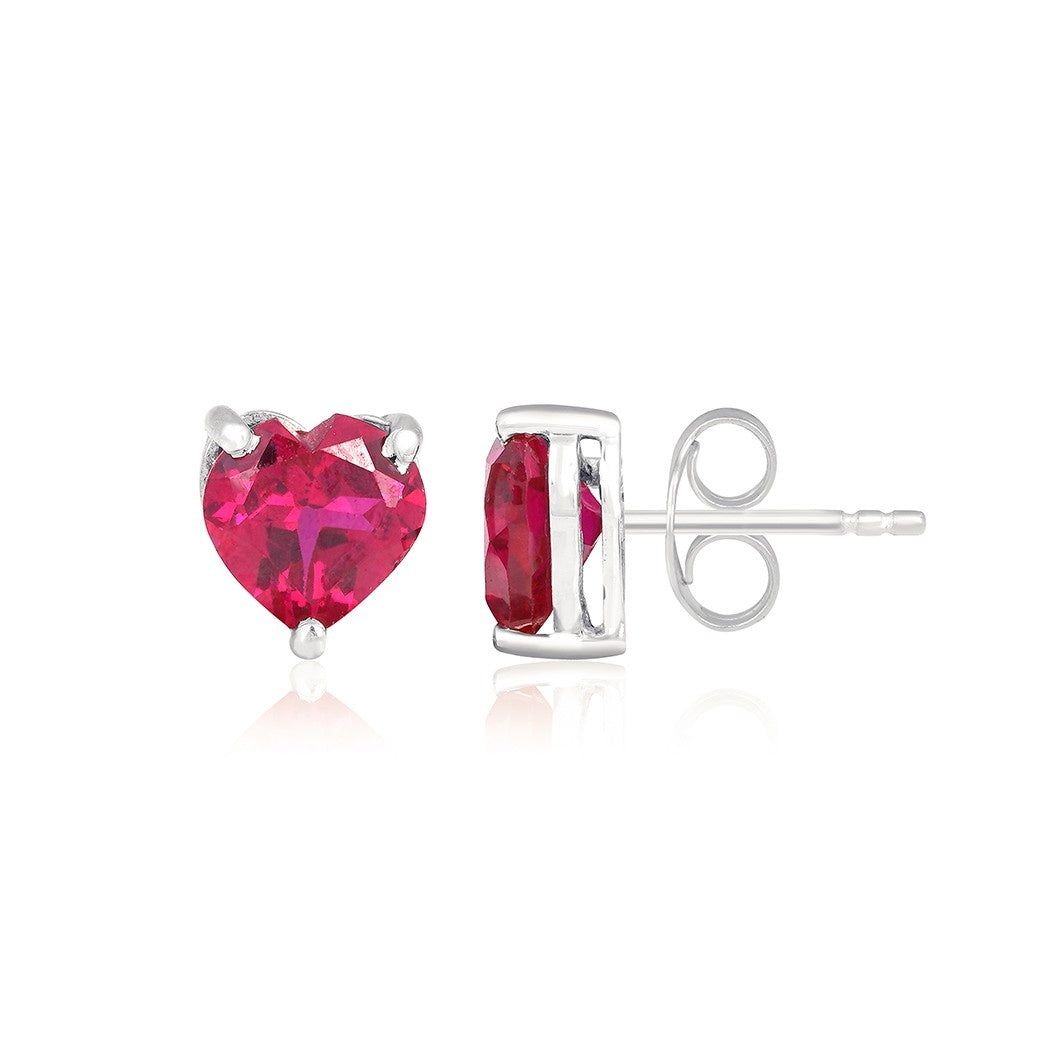 Silver Heart Red Ruby Stud Earring