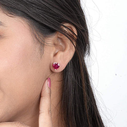 Silver Heart Red Ruby Stud Earring