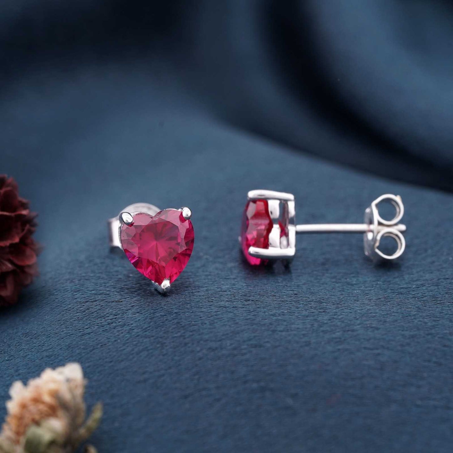 Silver Heart Red Ruby Stud Earring