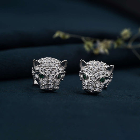 Silver Green Panther Stud Earrings