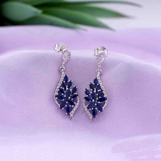 Silver Sapphire Flower Swirl Drop Earrings