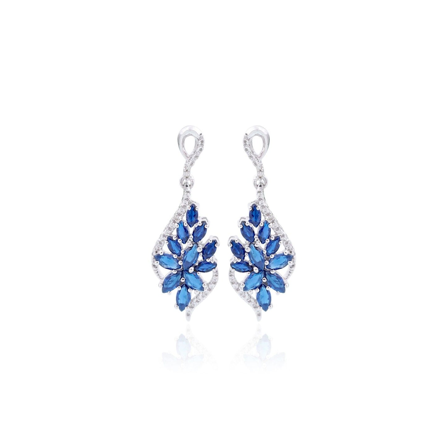 Silver Sapphire Flower Swirl Drop Earrings