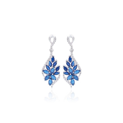 Silver Sapphire Flower Swirl Drop Earrings