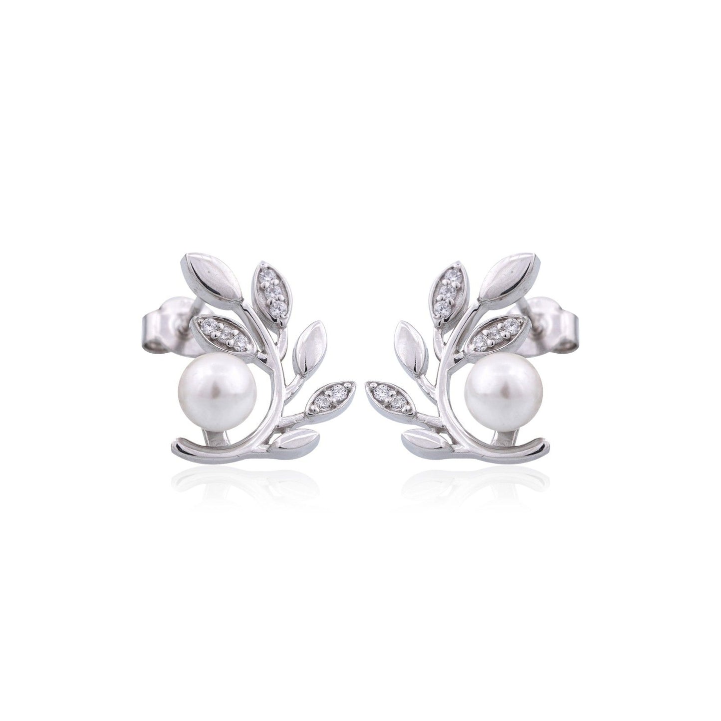 Silver Pearl Leaf Stud Earrings