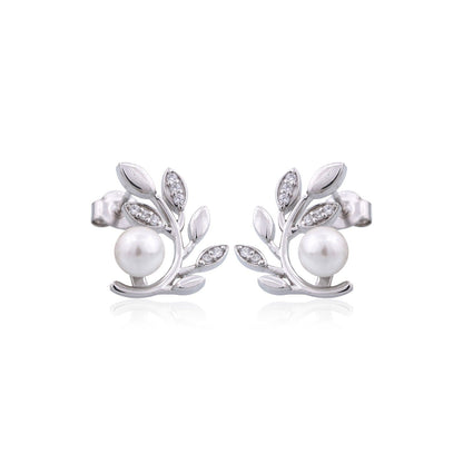 Silver Pearl Leaf Stud Earrings