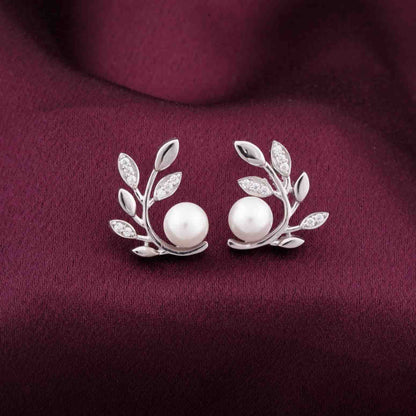 Silver Pearl Leaf Stud Earrings