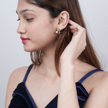 Golden Pearl Leaf Stud Earrings