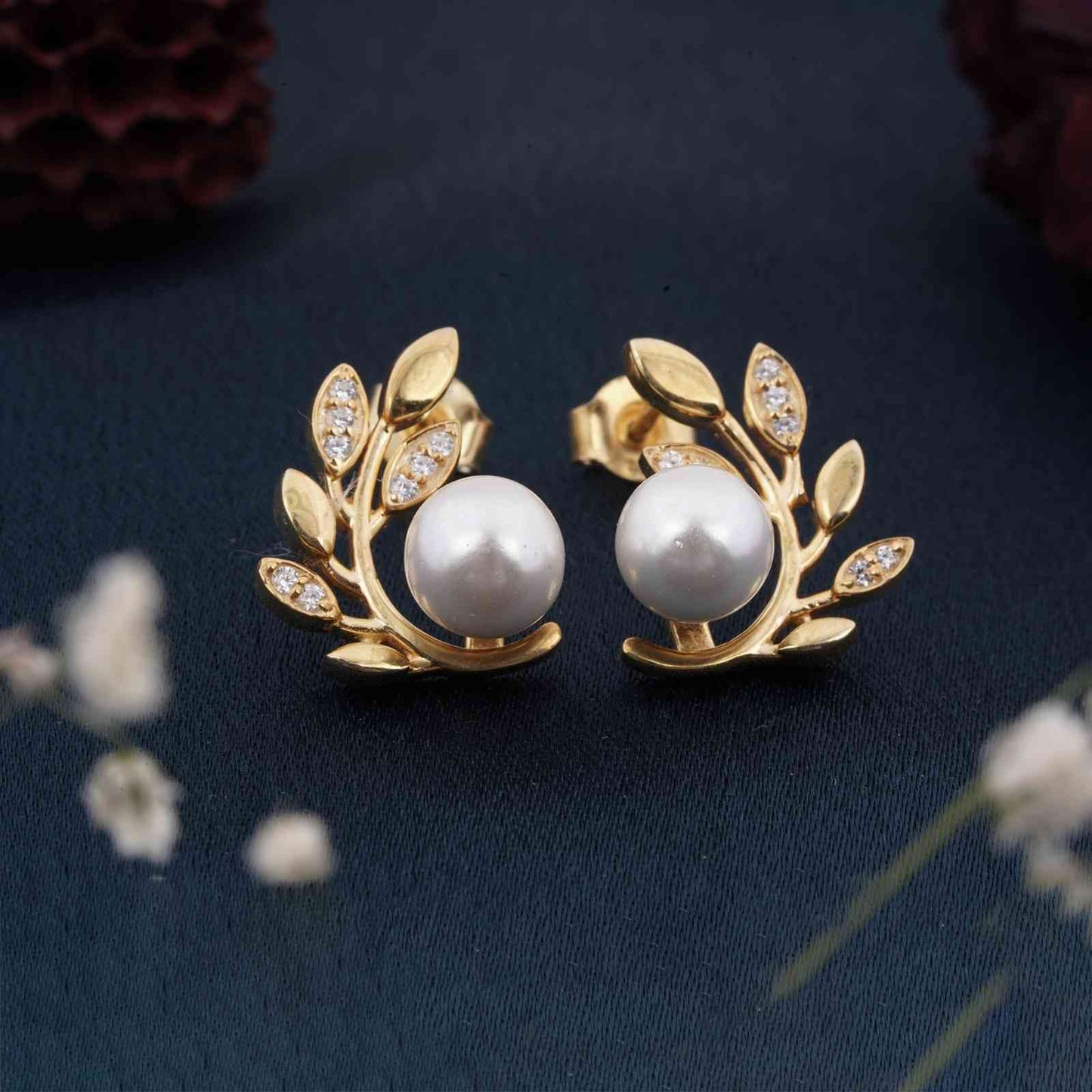 Golden Pearl Leaf Stud Earrings