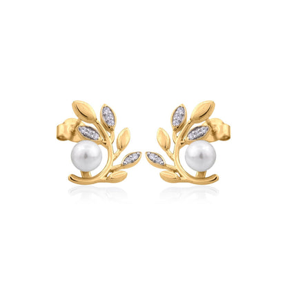 Golden Pearl Leaf Stud Earrings