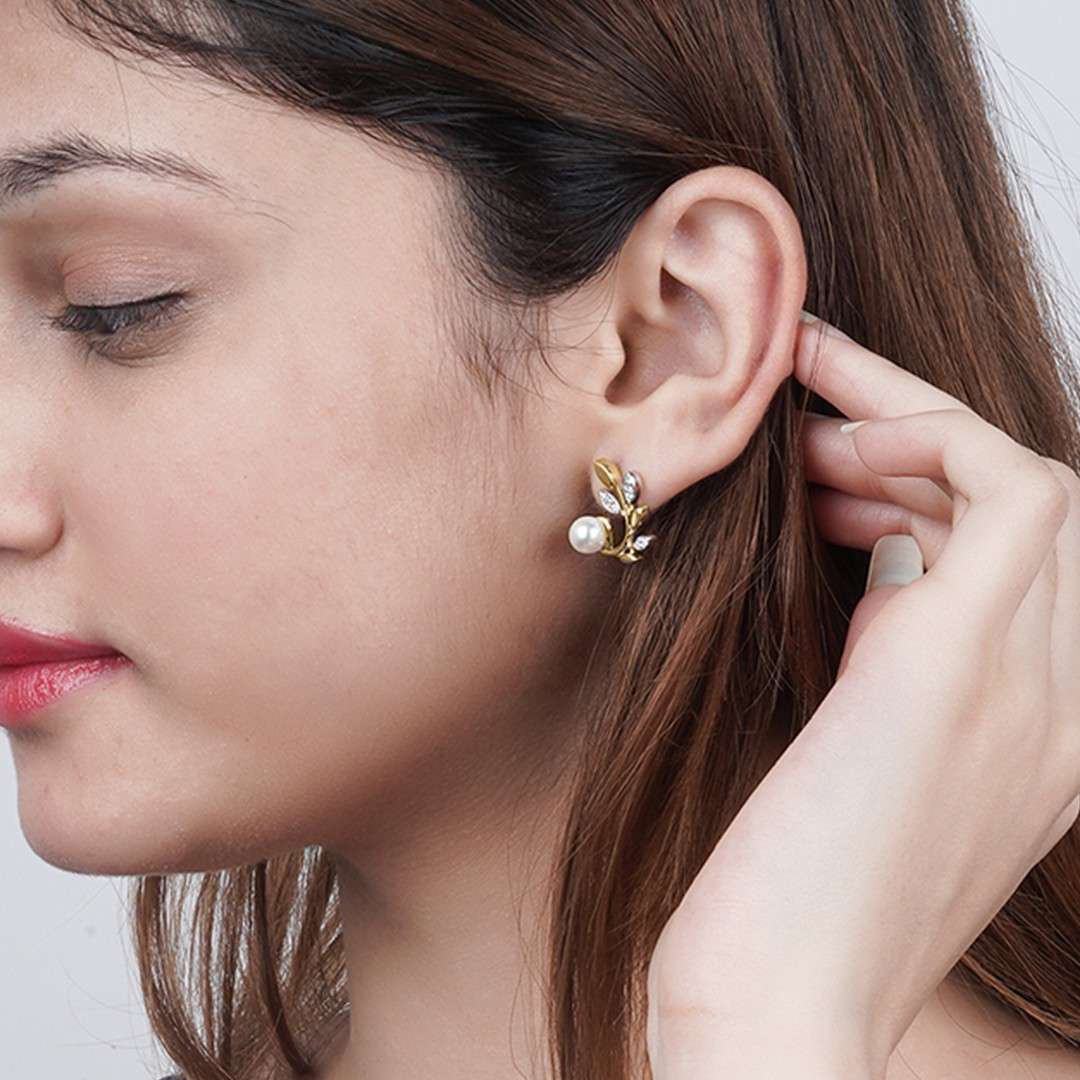 Golden Pearl Leaf Stud Earrings