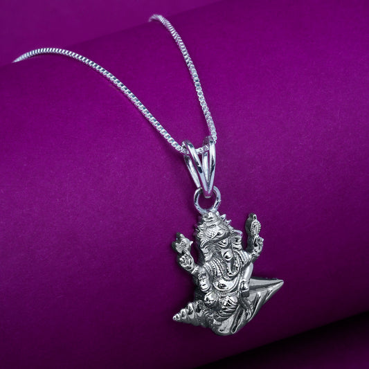 Silver Deva Shree Ganesha Sitting On Shankh Pendant