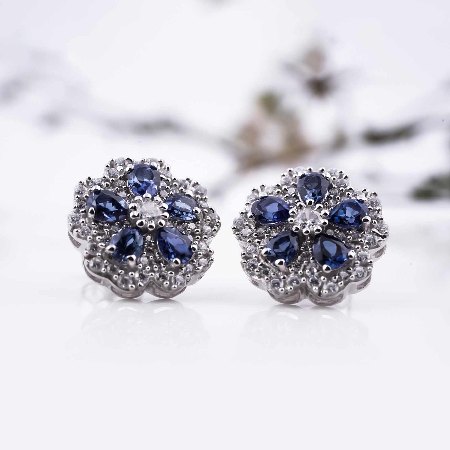 0.50Ct Moissanite & Sapphire Ultimate Flower Stud Earrings