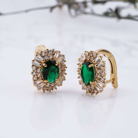 Golden Green Emerald & Moissanite Huggie Earrings