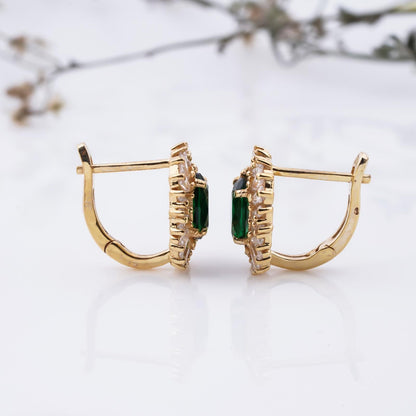 Golden Green Emerald & Moissanite Huggie Earrings