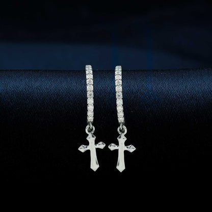 Silver Moissanite Cross Hoop Drop Earrings