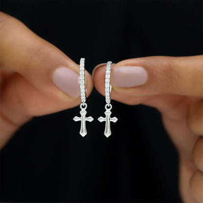 Silver Moissanite Cross Hoop Drop Earrings