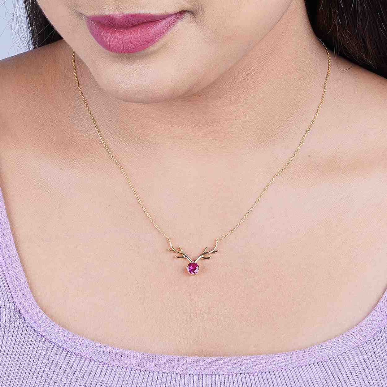 Golden Deer Theme Round Pink Sapphire Necklace