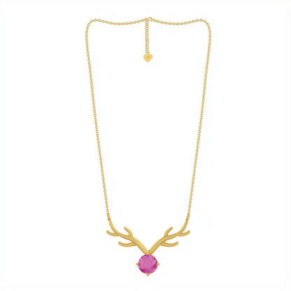 Golden Deer Theme Round Pink Sapphire Necklace