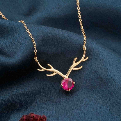 Golden Deer Theme Round Pink Sapphire Necklace