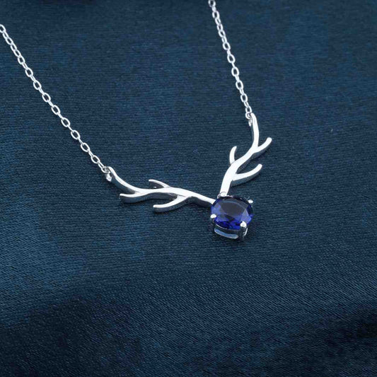 Silver Deer Theme Round Blue Sapphire Necklace