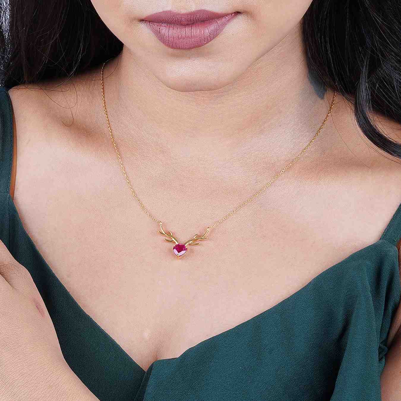 Golden Deer Theme Heart Pink Sapphire Necklace