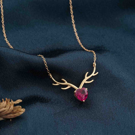 Golden Deer Theme Heart Pink Sapphire Necklace