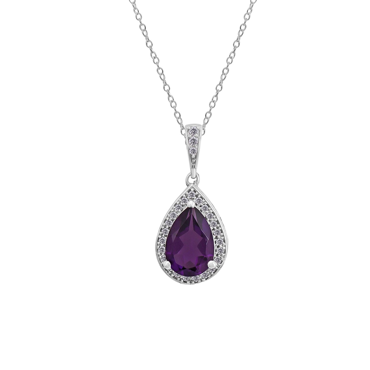 Silver Purple Amethyst Pear Drop Halo Pendant