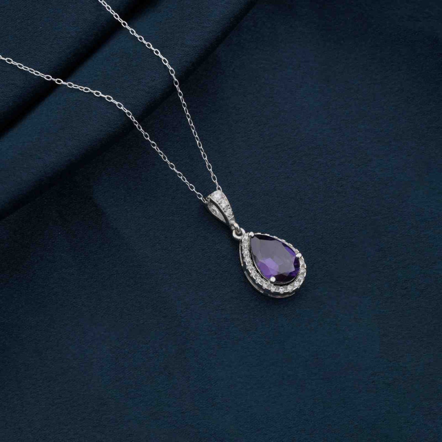 Silver Purple Amethyst Pear Drop Halo Pendant