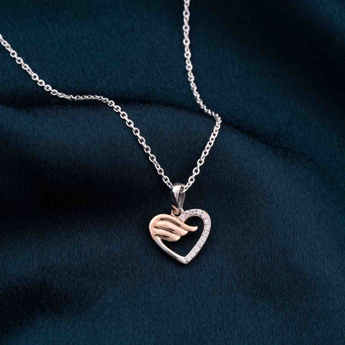 Rose And White Gold Angel wing Heart Pendant with Chain