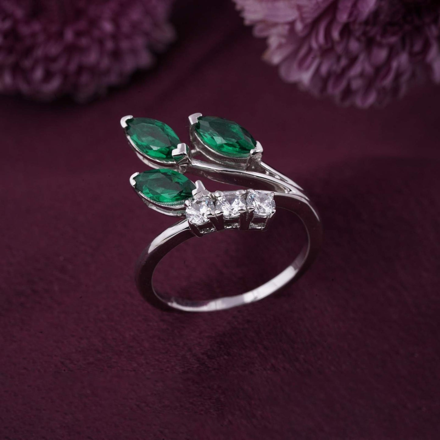 Silver Green Emerald Leaf Design Ring