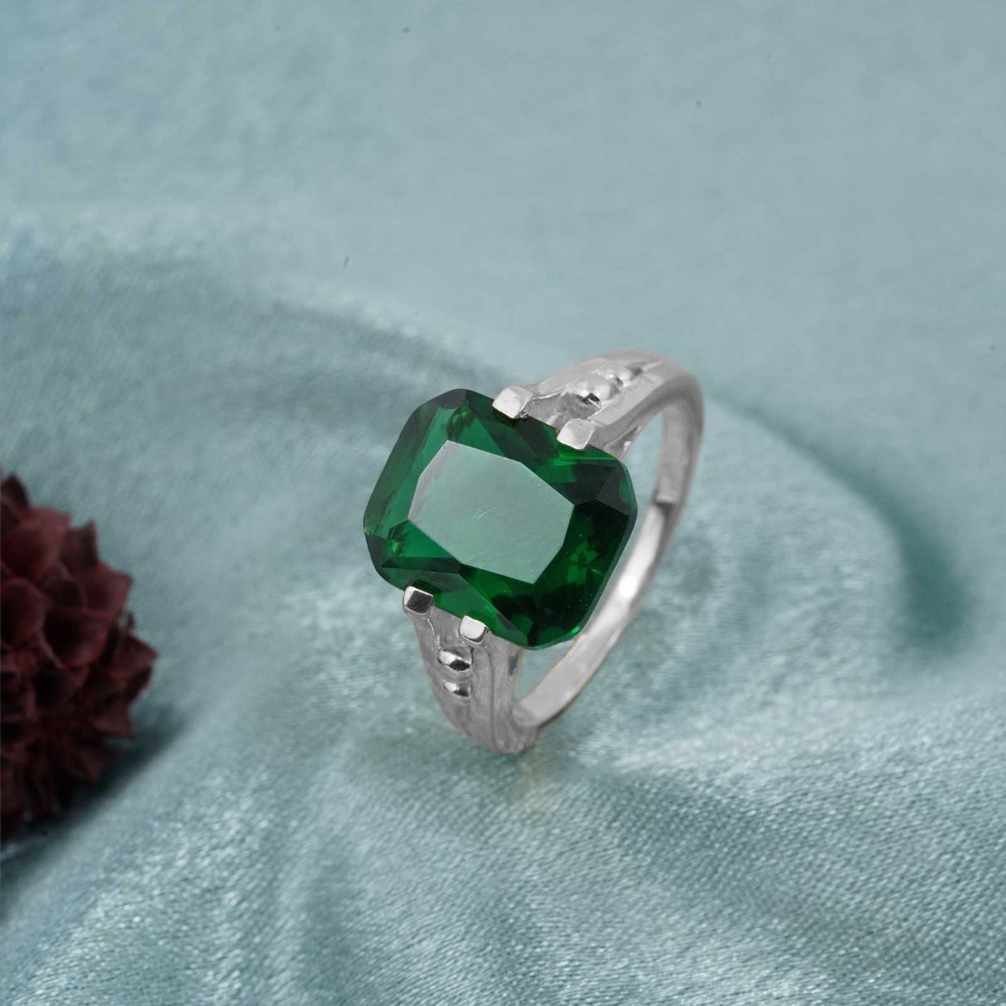 Silver Green Emerald Solitaire Silver Ring