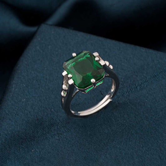 Silver Green Emerald Solitaire Silver Ring